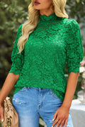 Green High Neck Lace Short Sleeve Blouse