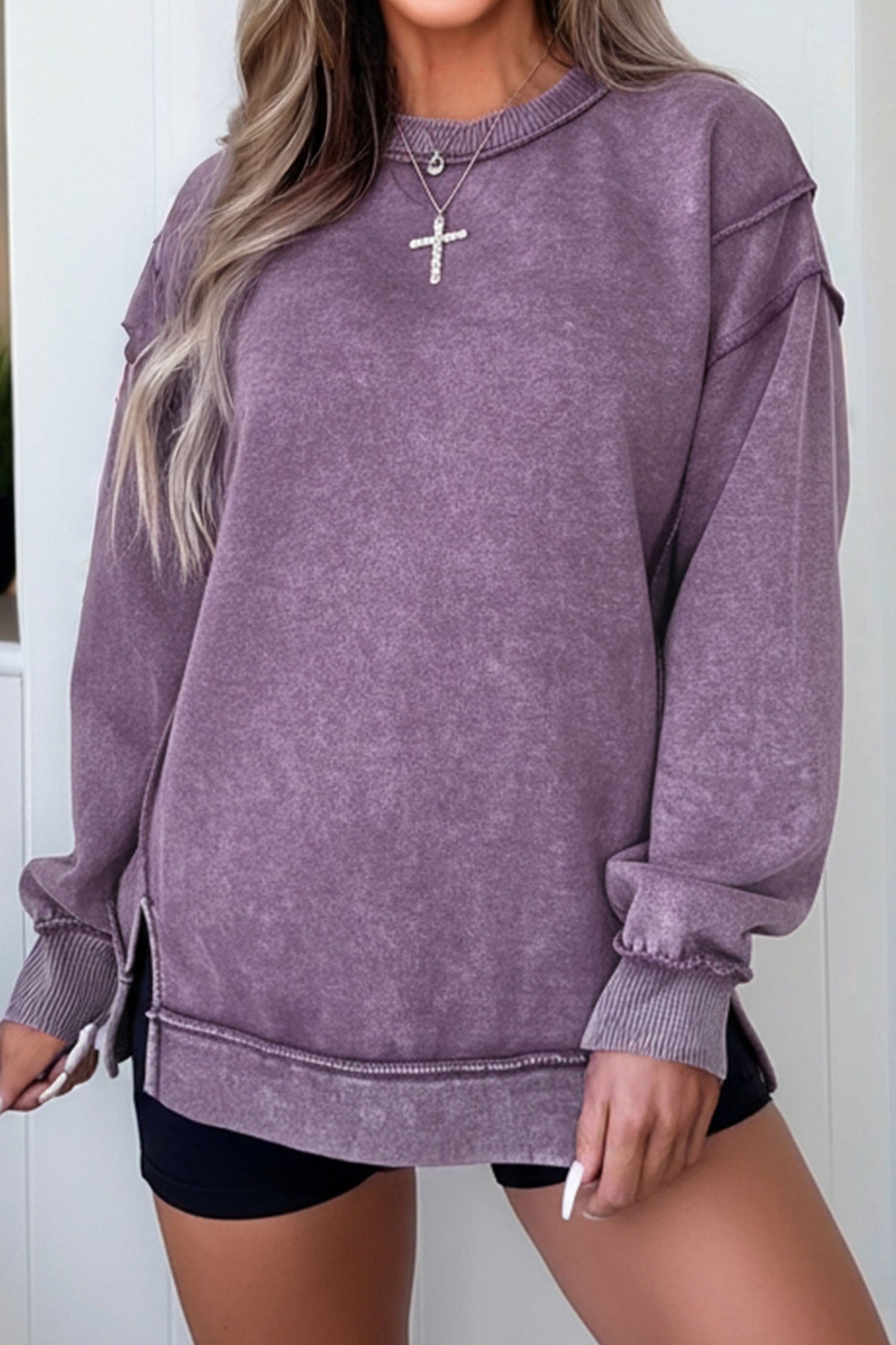 Valerian Mineral Wash Exposed Seam Side Slit Sweatshirt