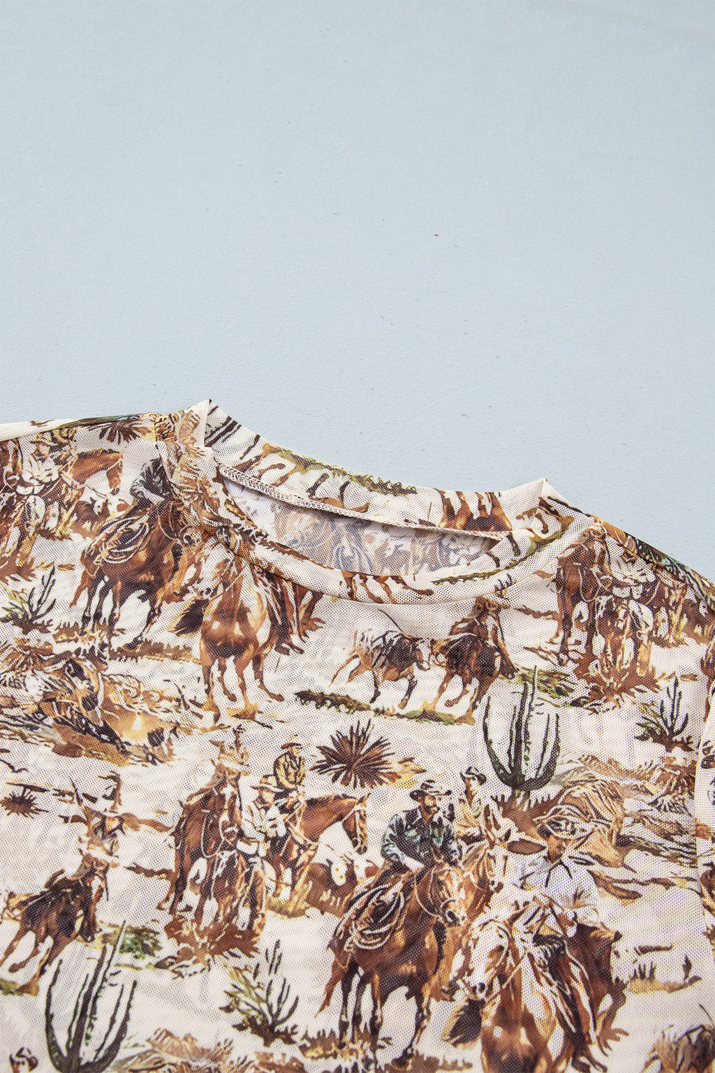 Beige Western Cowboy Floral Print Sheer Mesh Long Sleeve Top