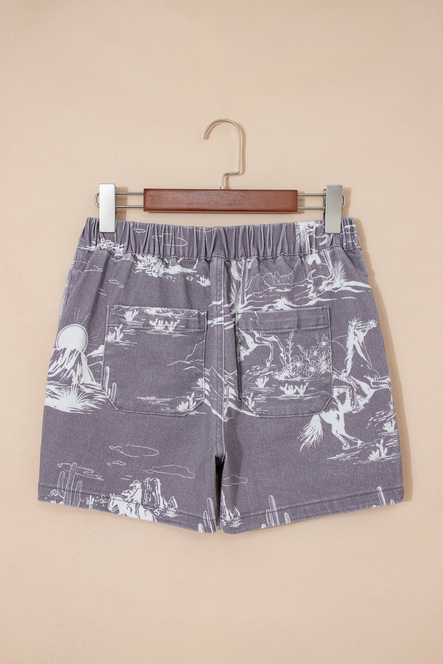 Gray Western Print Elastic Waist Cotton Denim Shorts