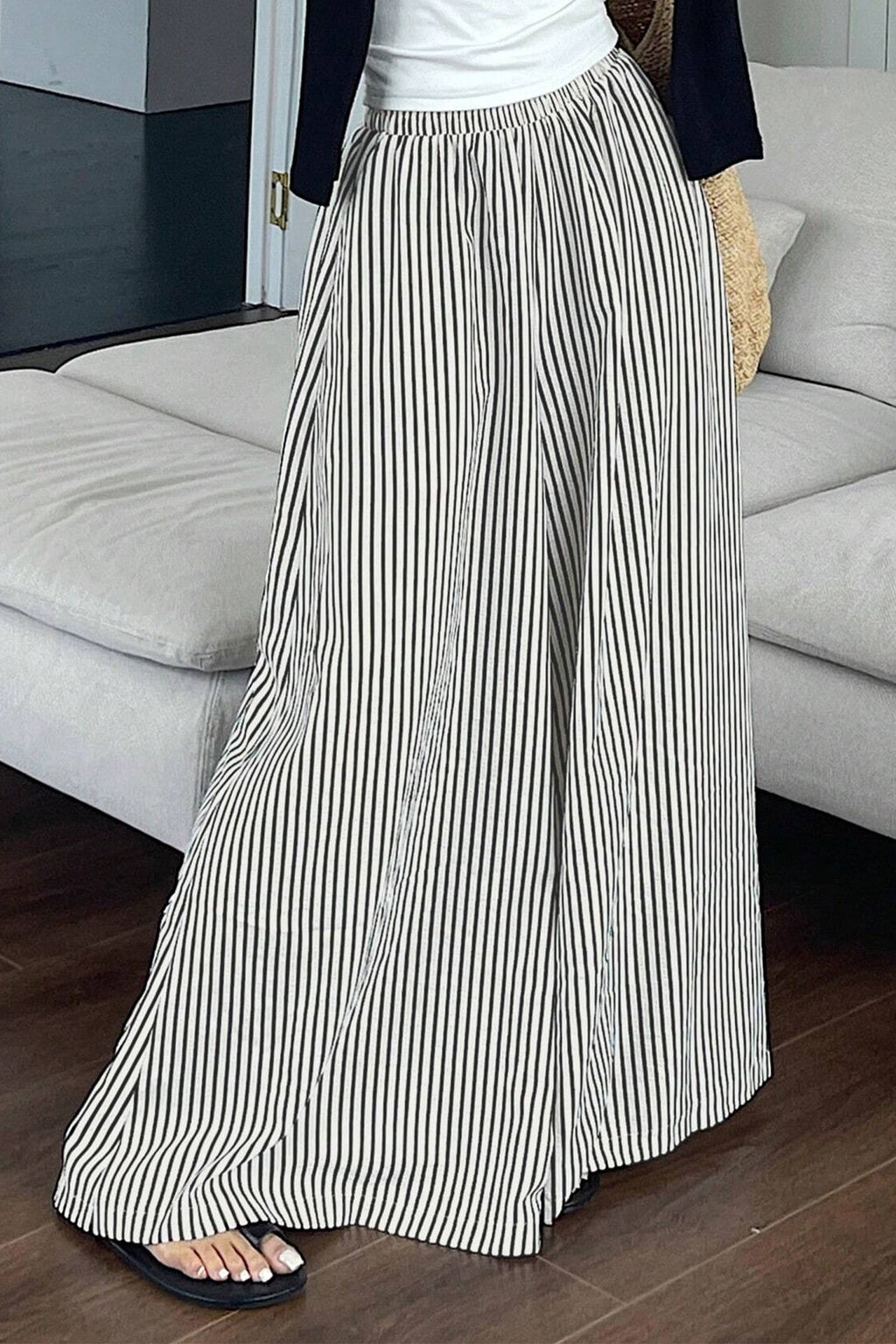 Black Stripe Elastic Waist Ultra Wide Leg Pants