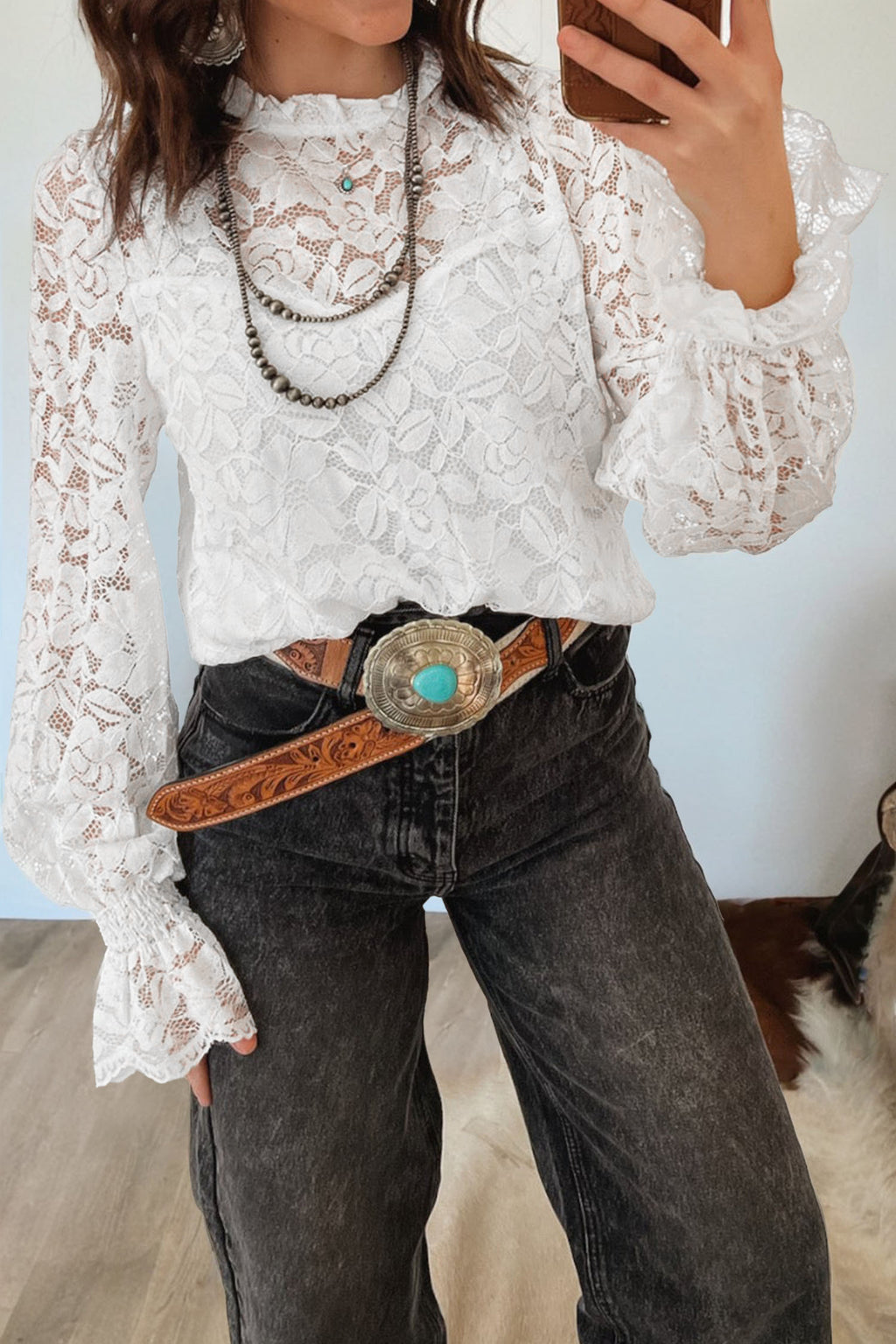 White Ruffled Round Neck Long Flounce Sleeve Sheer Lace Blouse