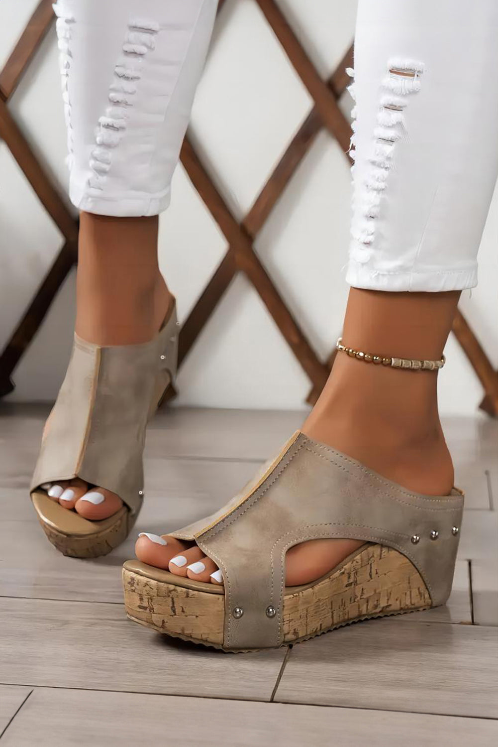 Chestnut Hollow Out Studded PU Leather Wedge Slippers