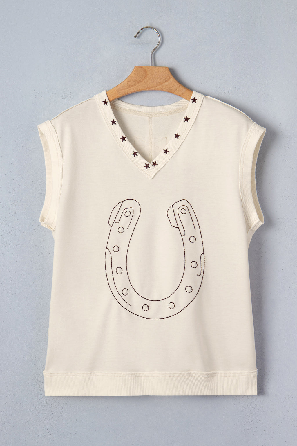 White Horseshoe Embroidered Star Trim V Neck Loose Tank Top