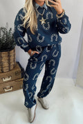 Blue Western Print Elastic Waist Pocket 2pcs Pant Set
