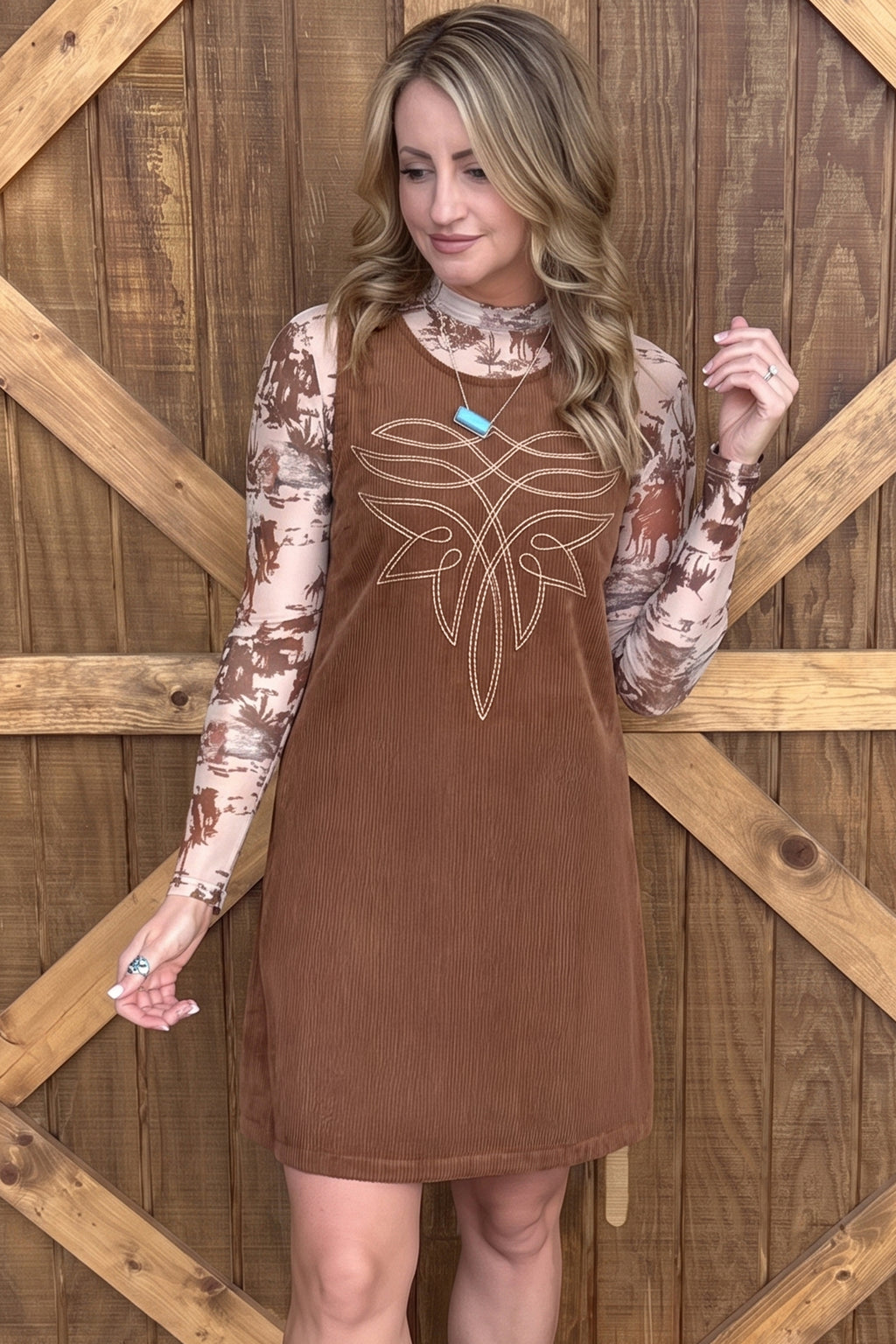 Coffee Geometric Embroidery Sleeveless Corduroy Shift Dress