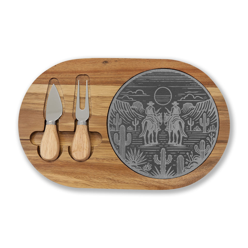 Engraved Western Charcuterie Board with Slate Inlay — Cowboy & Cactus Cheese Platter