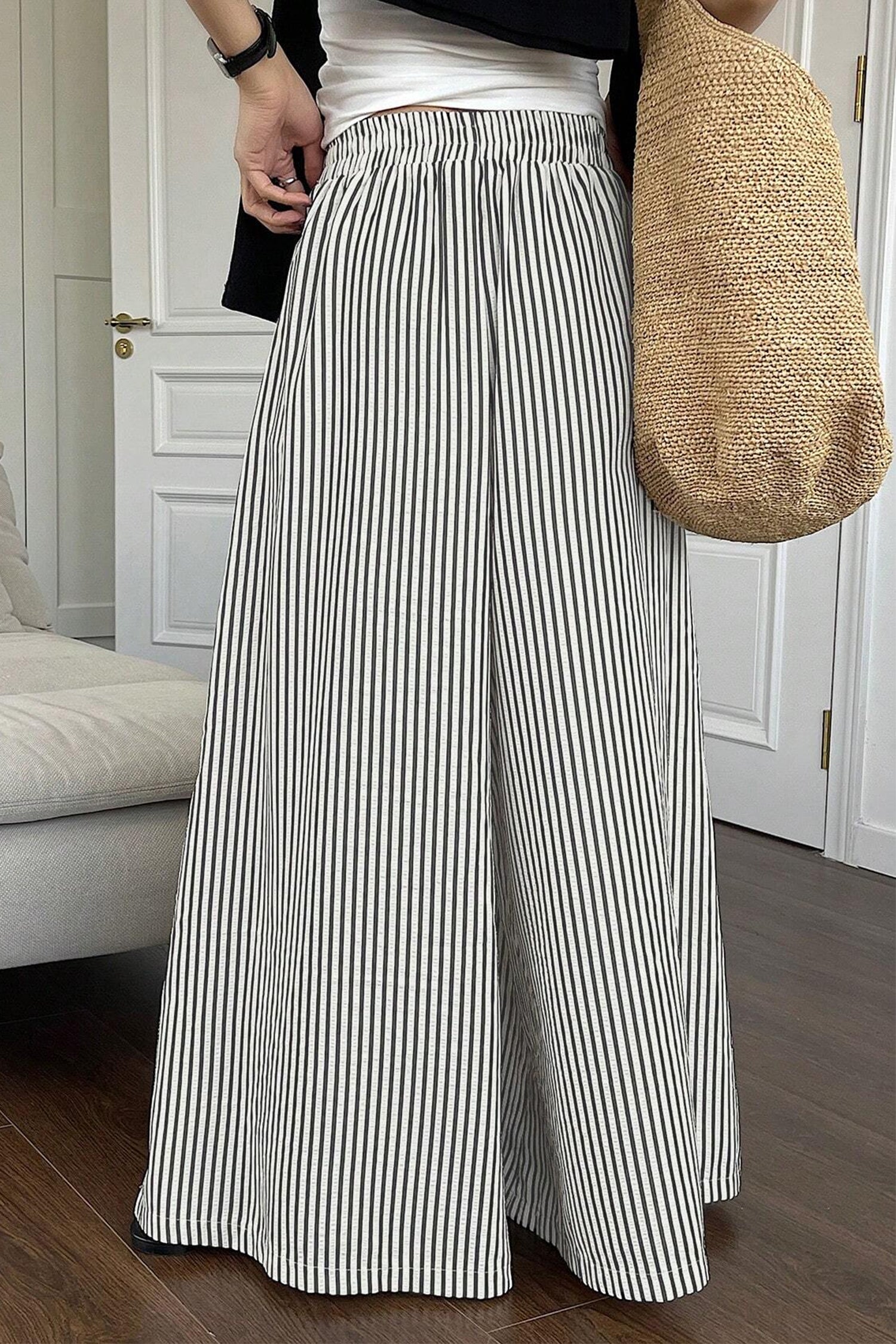 Black Stripe Elastic Waist Ultra Wide Leg Pants