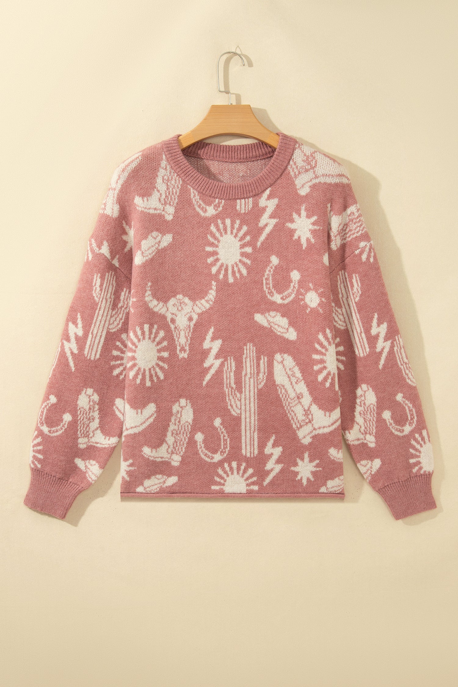 Peach Blossom Western Print Drop Shoulder Round Neck Long Sleeve Sweater