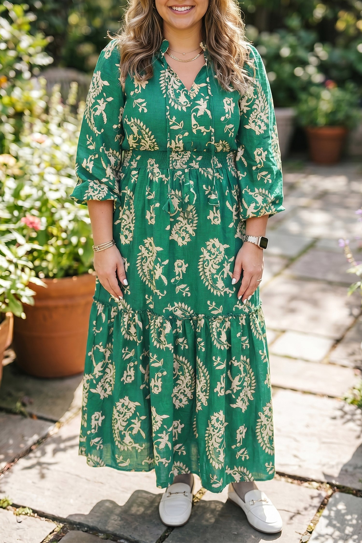 Green Floral Print V Neck Shift Dress Plus Size Dress