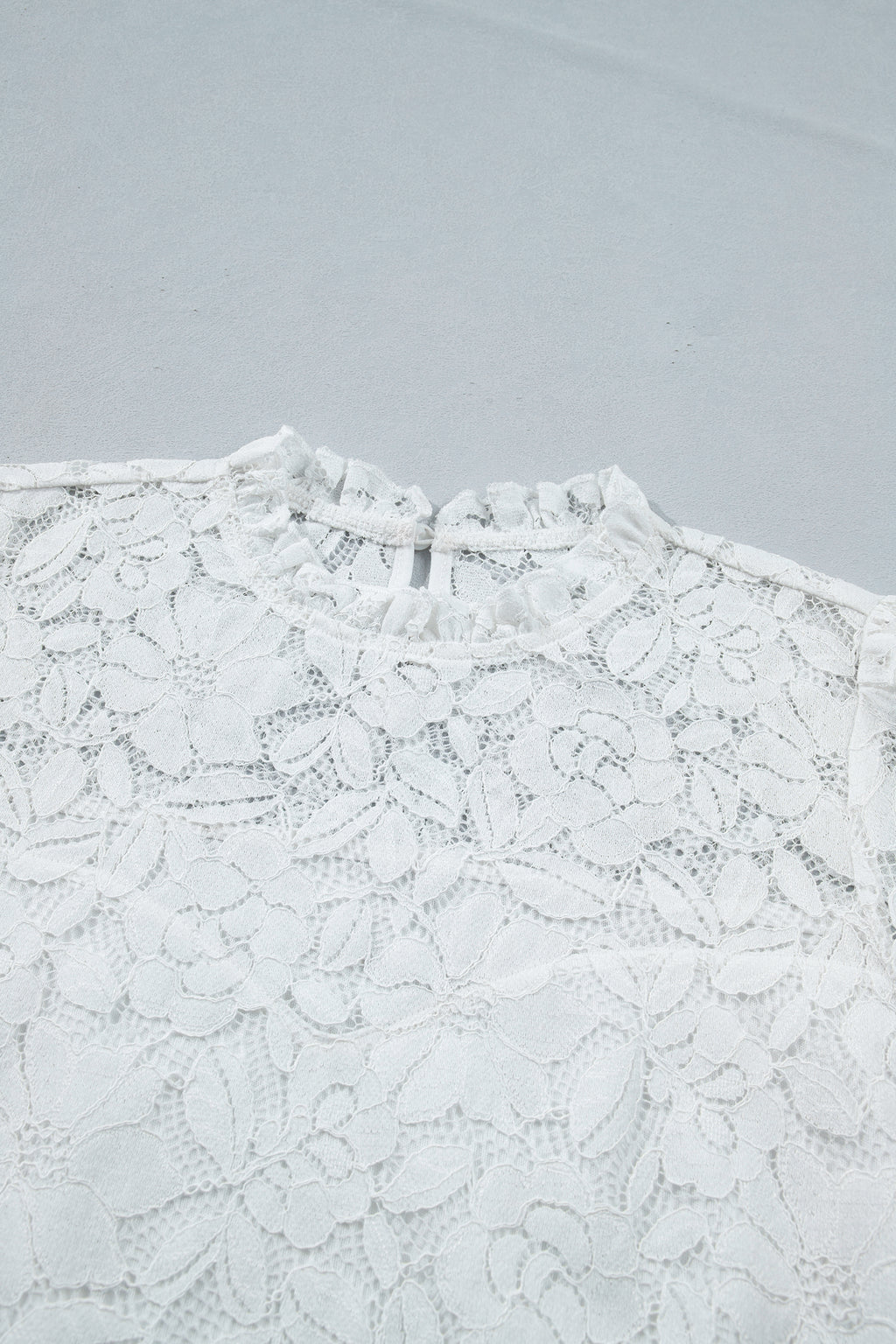 White Ruffled Round Neck Long Flounce Sleeve Sheer Lace Blouse