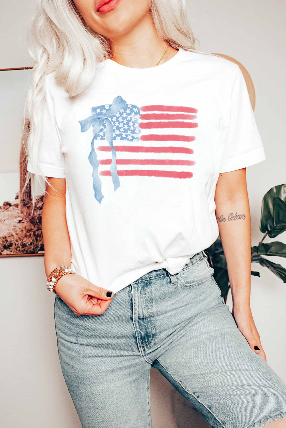 White American Flag Bow Knot Heat Transfer Printing Crew Neck T Shirt