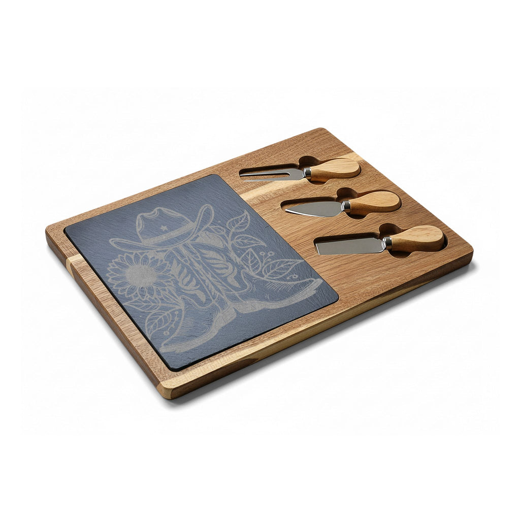 Engraved Acacia Charcuterie Board with Cowboy Boots Slate Inlay & 3 Cheese Knives