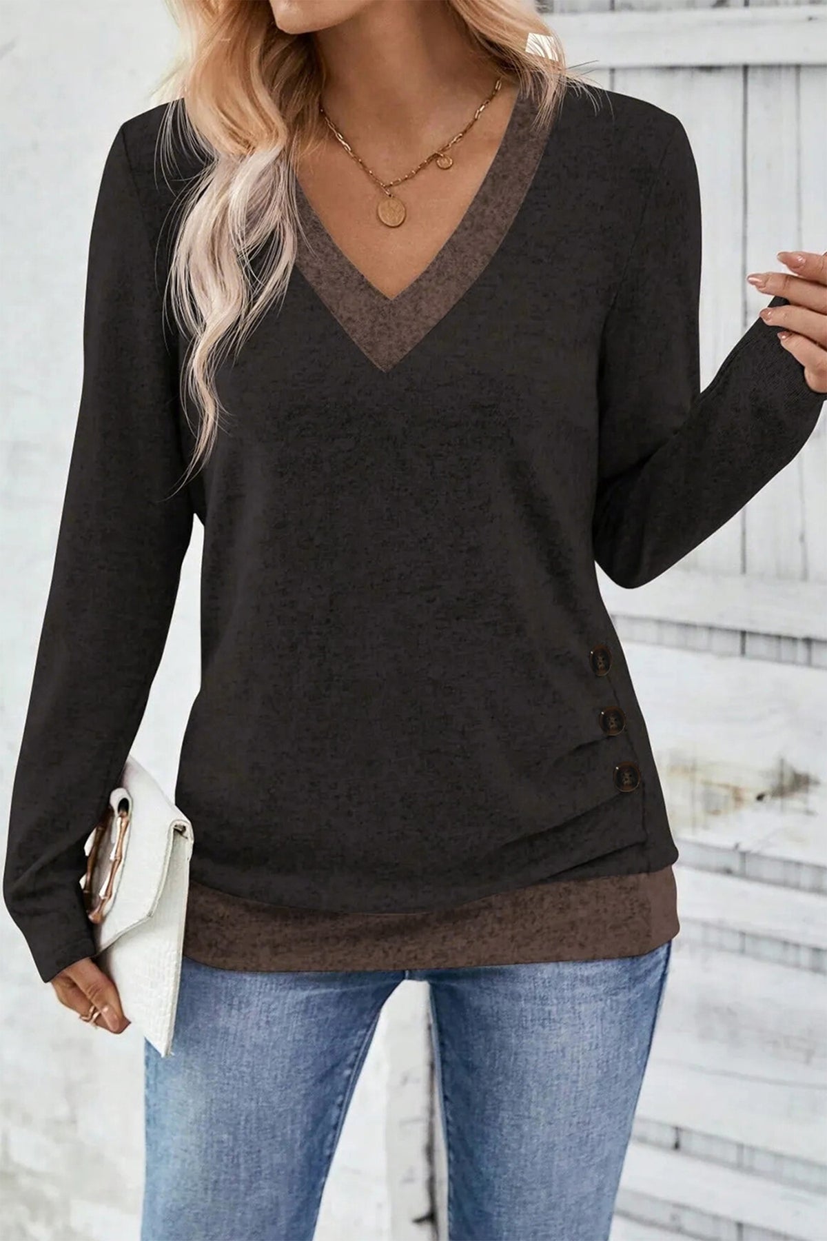 Chicory Coffee Color Block Trim V Neck Button Decor Long Sleeve Top