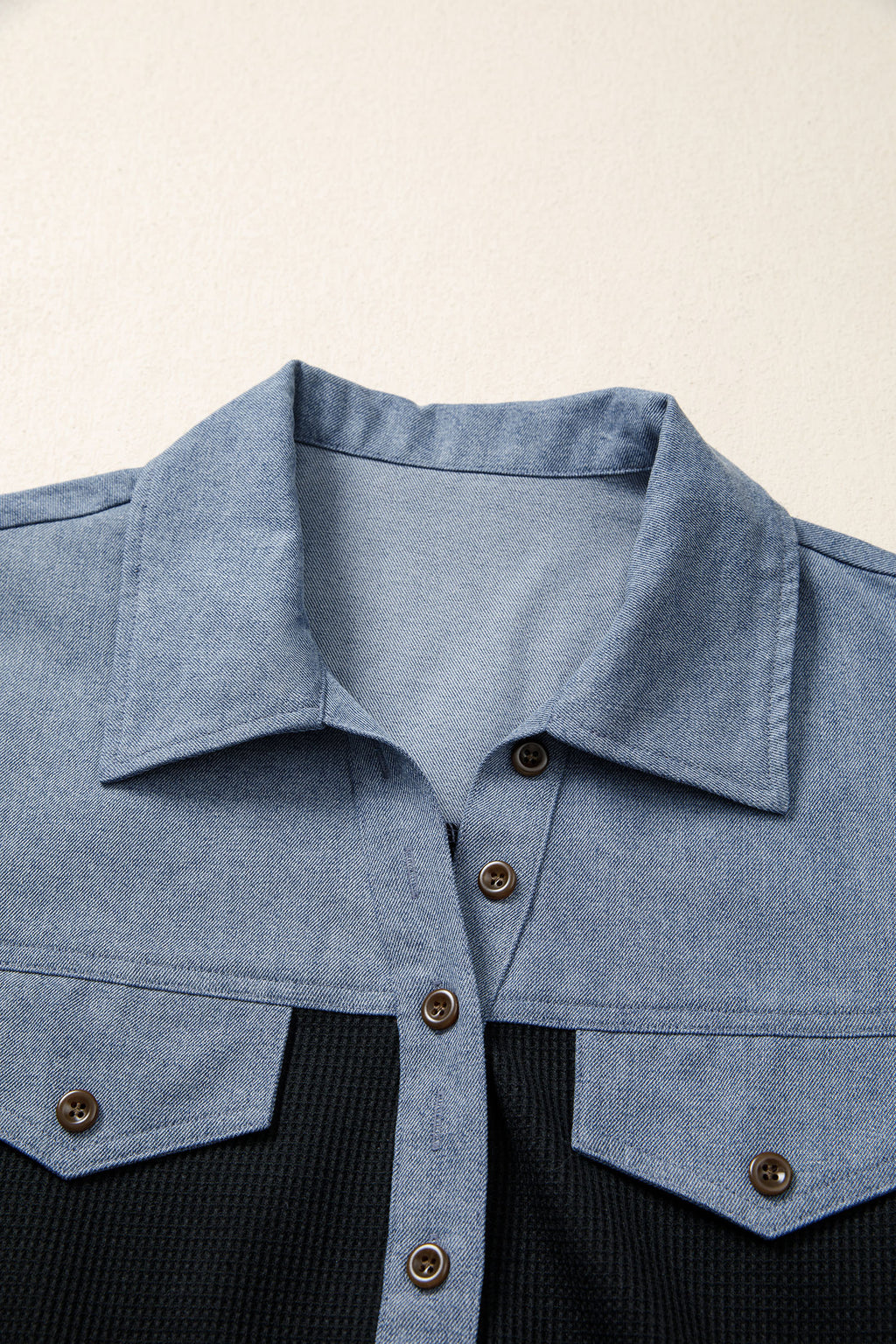 Black Waffle Knit Denim Color Block Patchwork Button Flap Polo Top