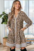 Brown Leopard Print Striped Patchwork 3/4 Sleeve Loose Mini Dress