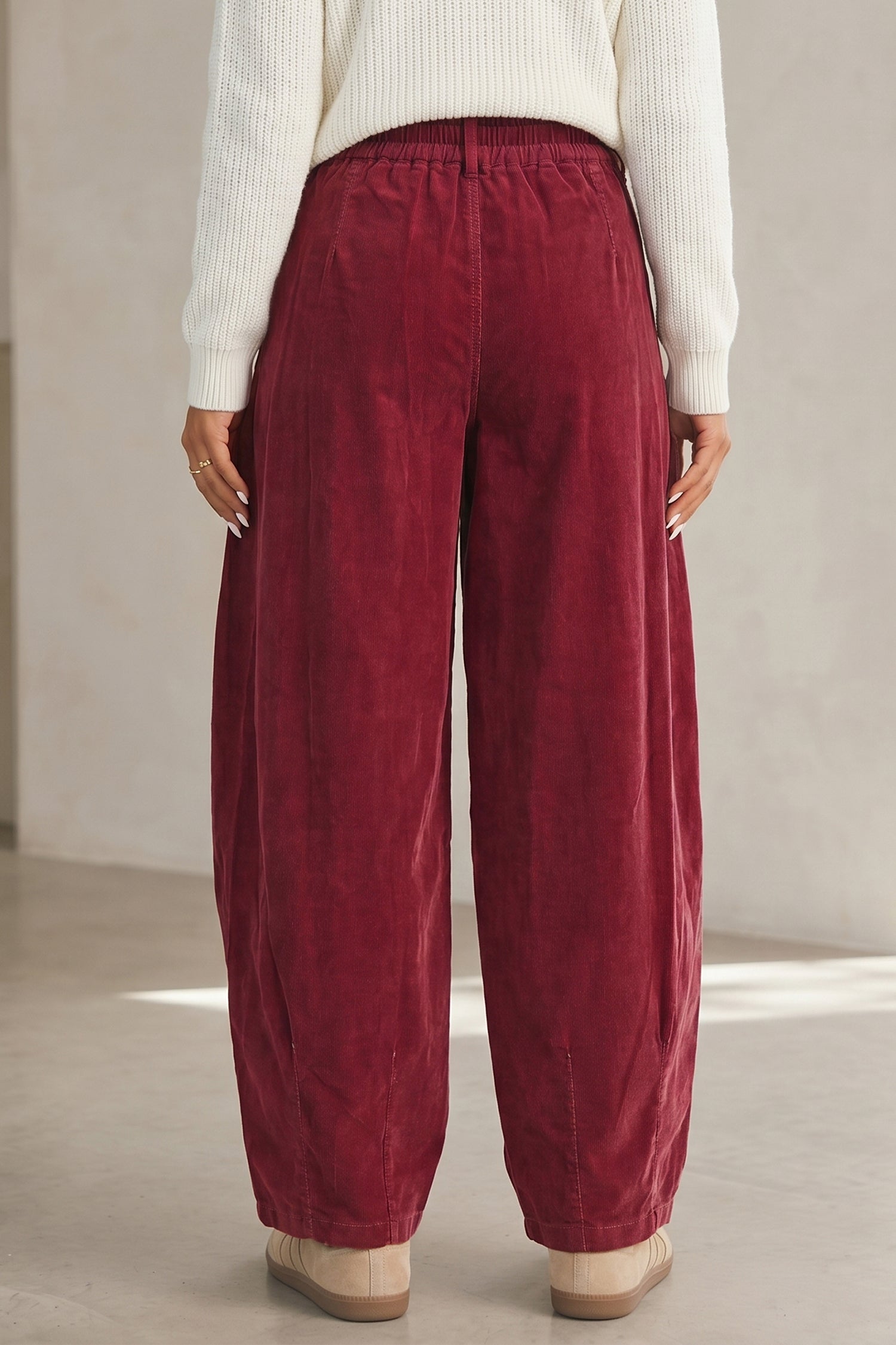 Racing Red Elastic Waist Drawstring Corduroy Casual Pants