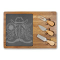 Engraved Acacia Charcuterie Board with Cowboy Boots Slate Inlay & 3 Cheese Knives