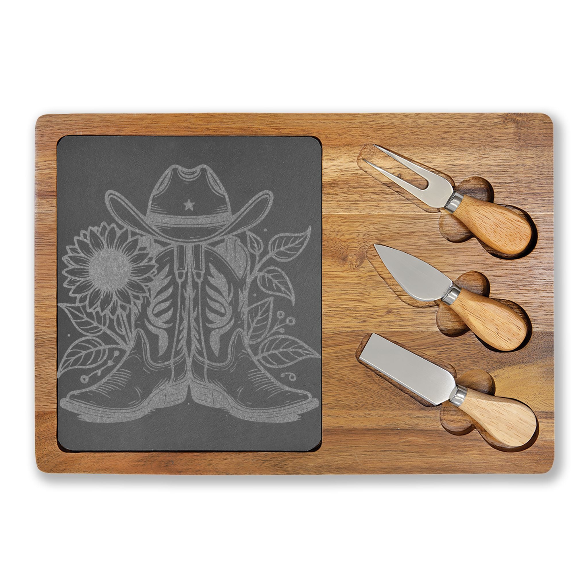 Engraved Acacia Charcuterie Board with Cowboy Boots Slate Inlay & 3 Cheese Knives