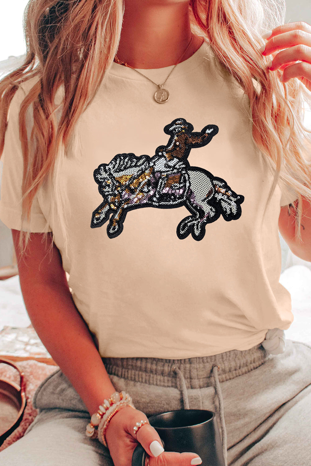 Khaki Rodeo Sequins Patch Graphic Crewneck Tee