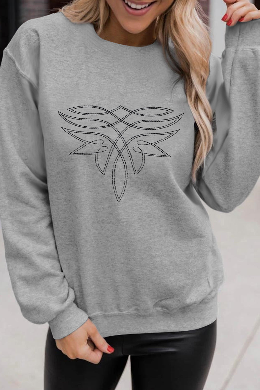 Gray Western Pattern Embroidered Drop Shoulder Pullover Top