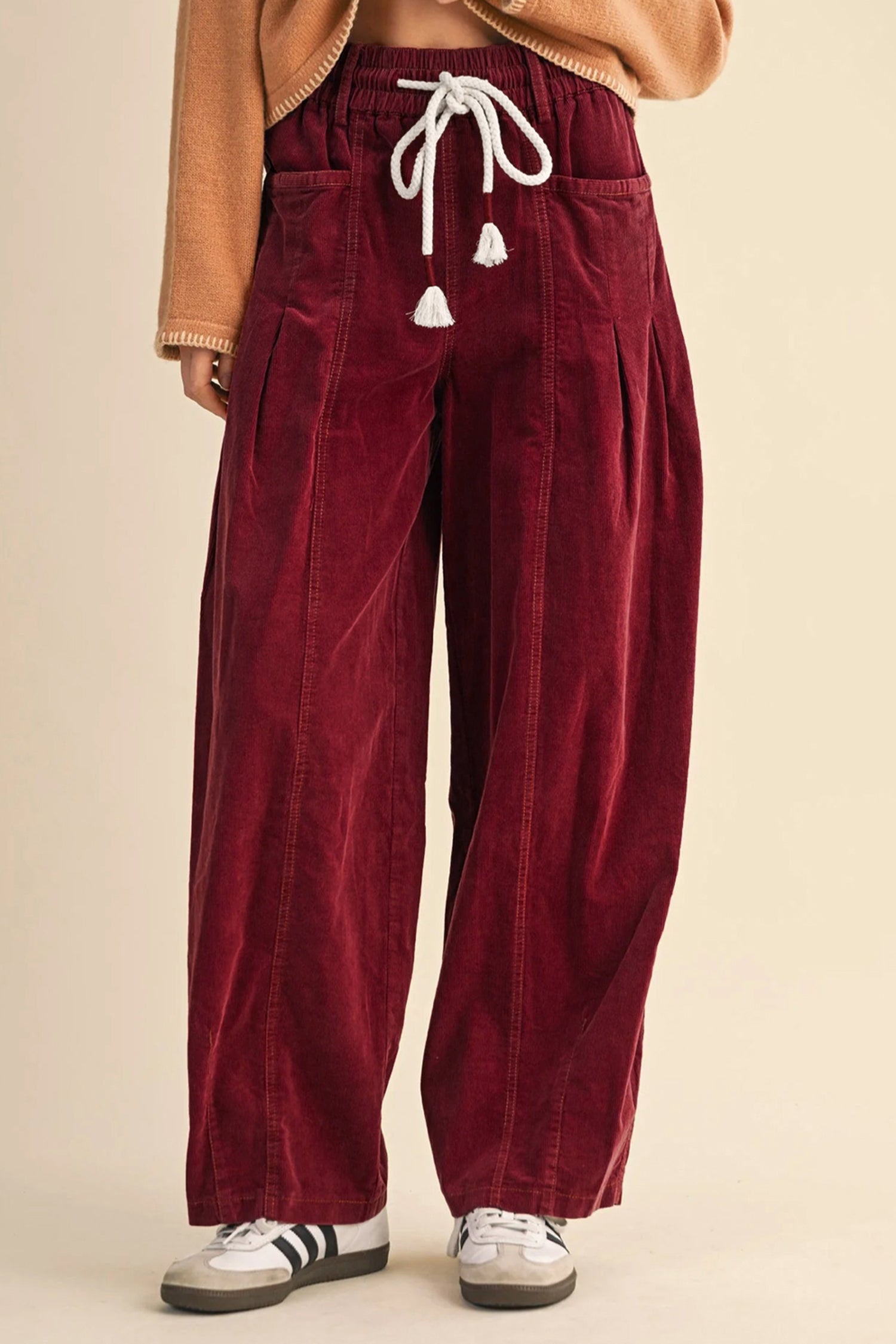Racing Red Elastic Waist Drawstring Corduroy Casual Pants