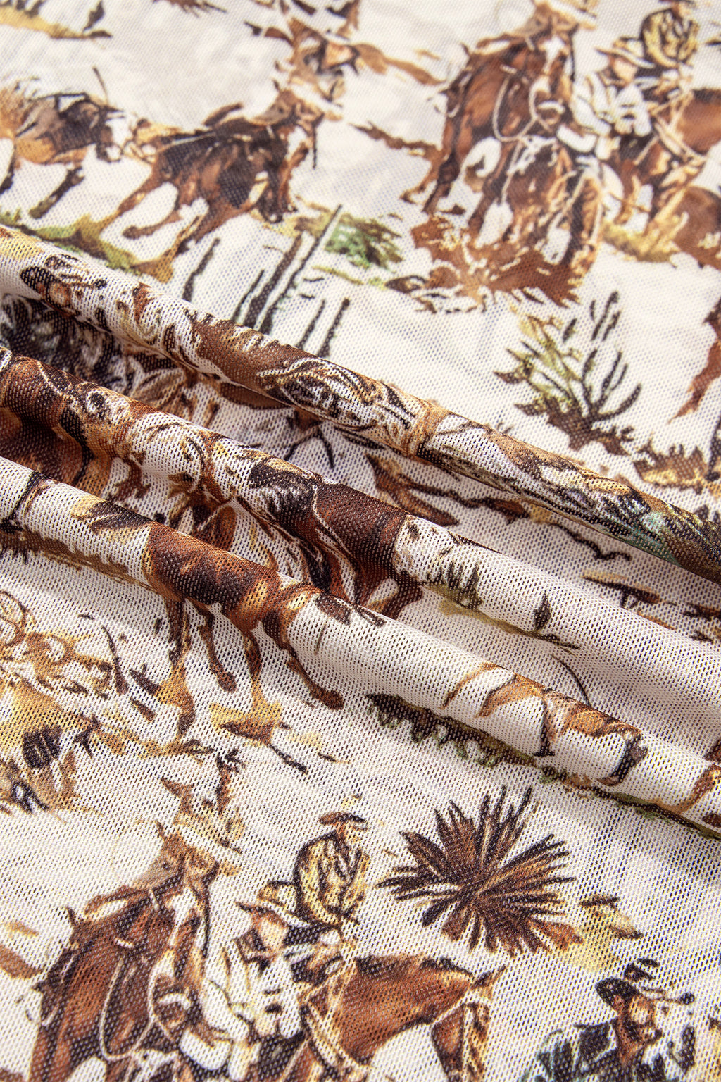 Beige Western Cowboy Floral Print Sheer Mesh Long Sleeve Top