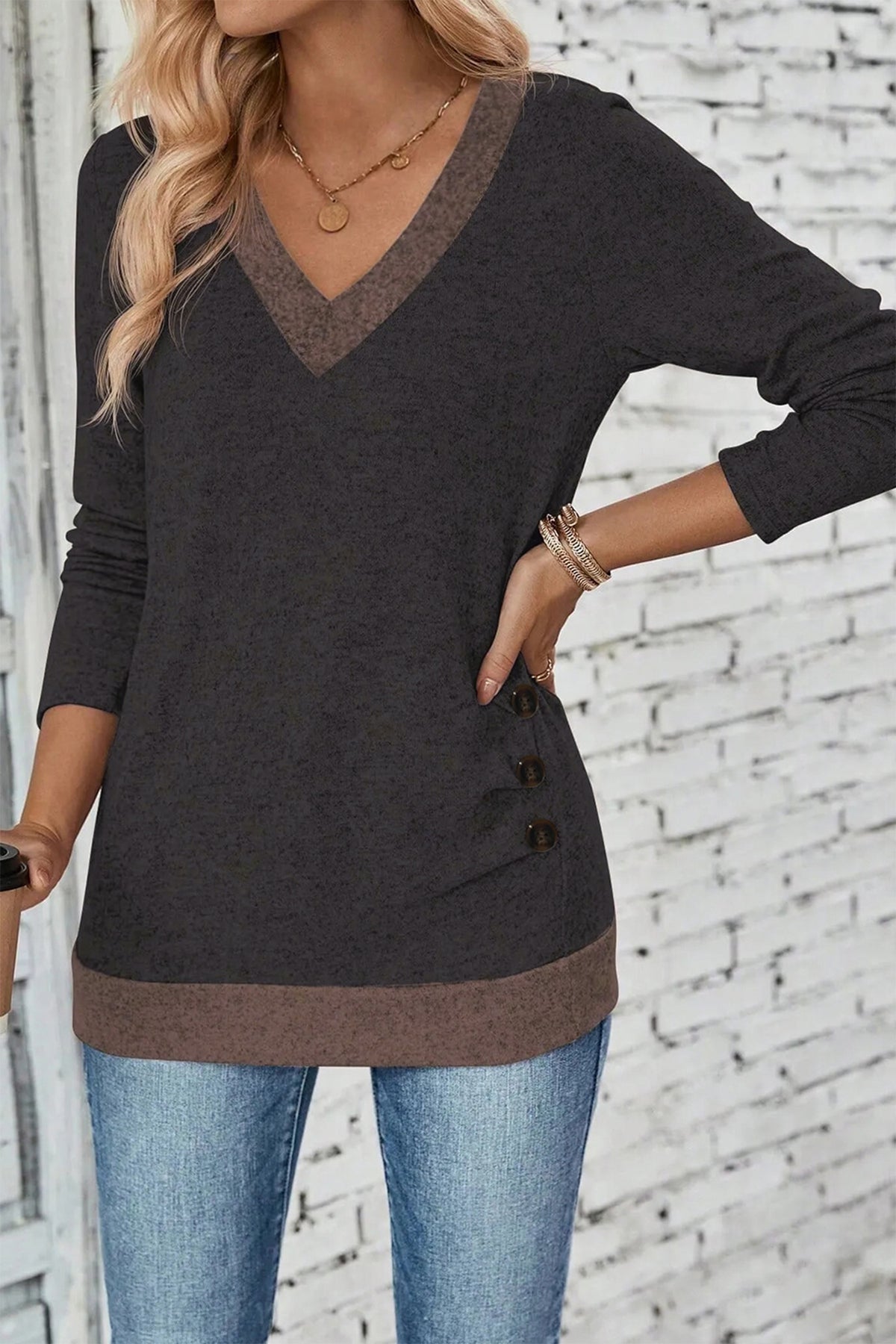Chicory Coffee Color Block Trim V Neck Button Decor Long Sleeve Top