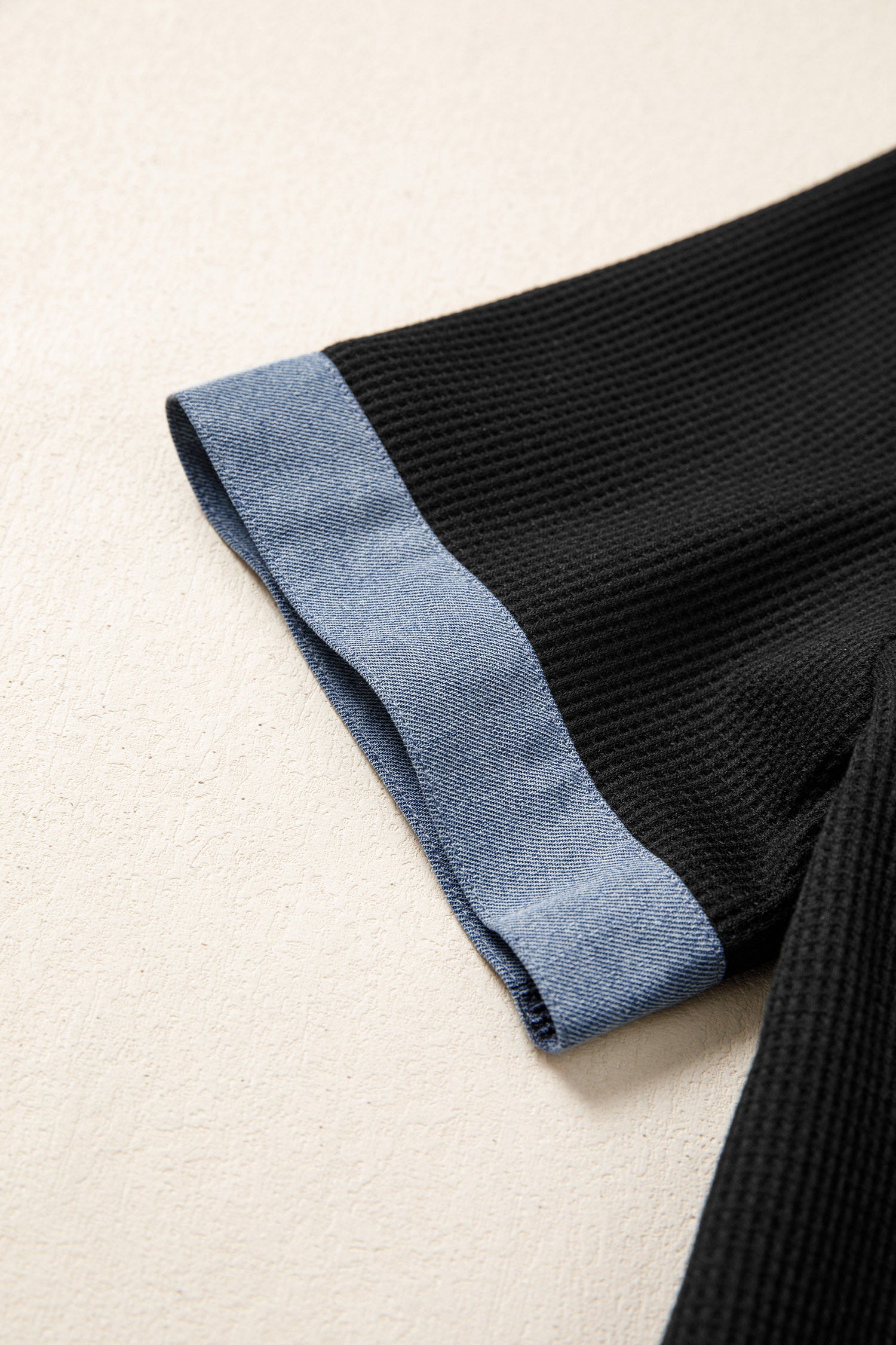 Black Waffle Knit Denim Color Block Patchwork Button Flap Polo Top