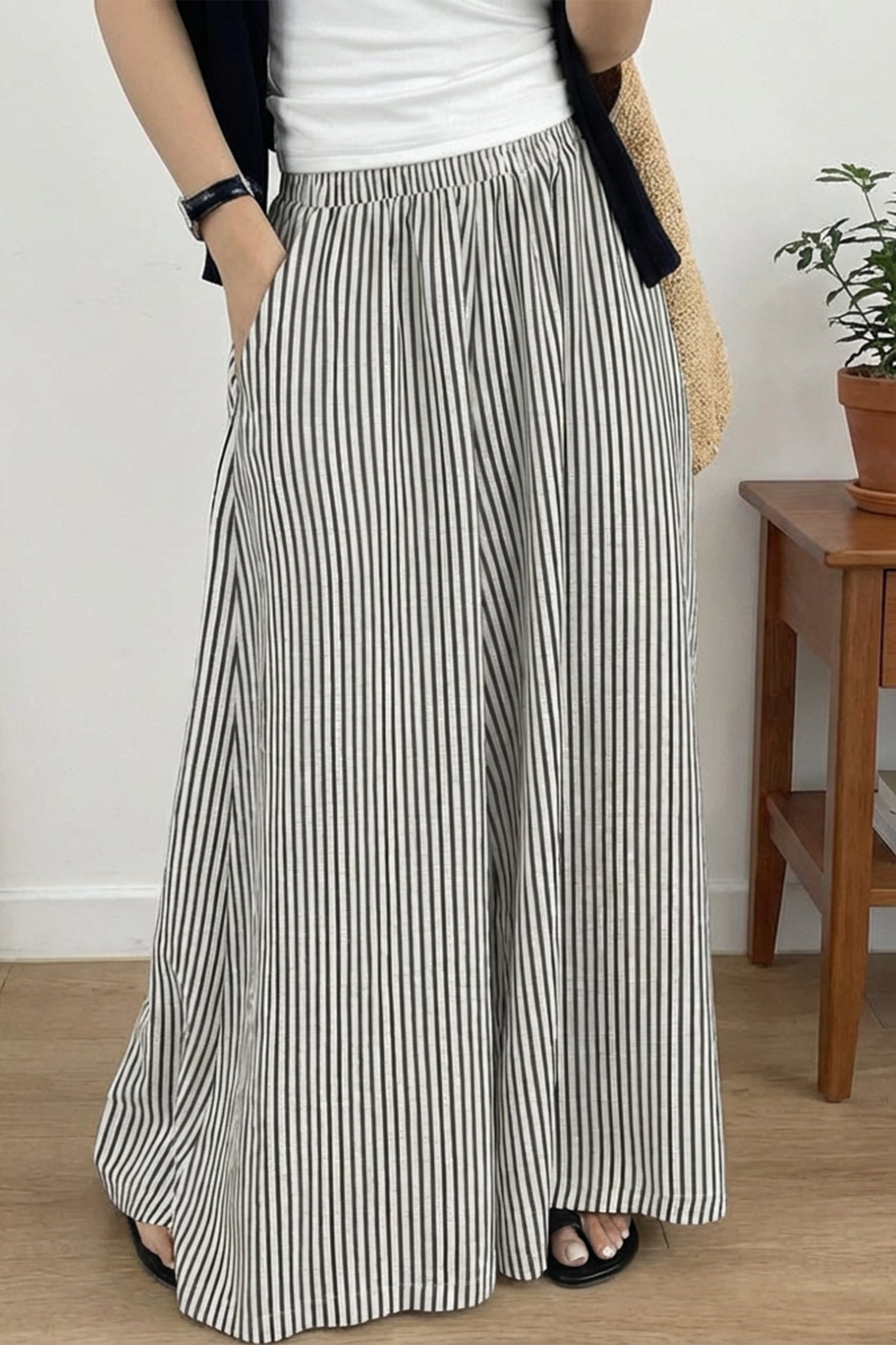 Black Stripe Elastic Waist Ultra Wide Leg Pants
