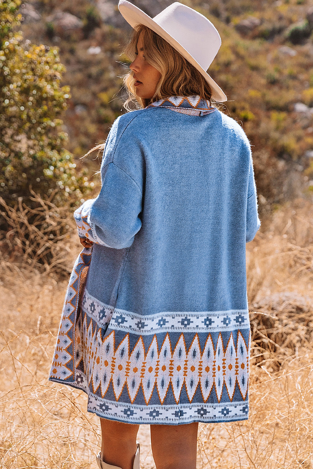 Khaki Aztec Print Open Front Knitted Cardigan