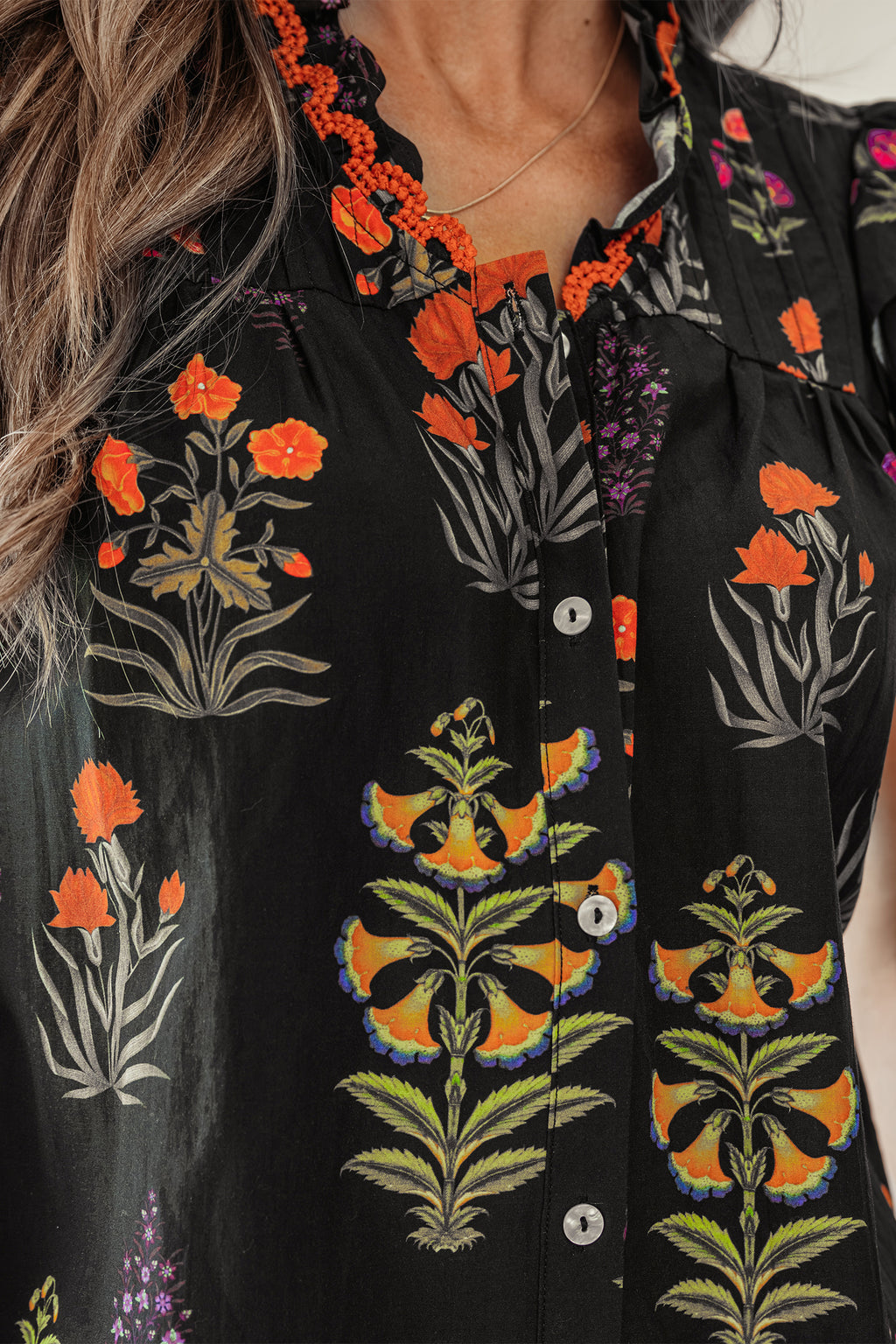 Black Floral Print Lace Trim Frilled V Neck Short Sleeve Shirt