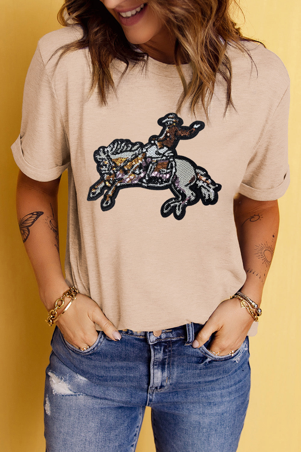 Khaki Rodeo Sequins Patch Graphic Crewneck Tee