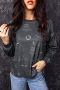 Gray Western Print Crew Neck Sweatshirt