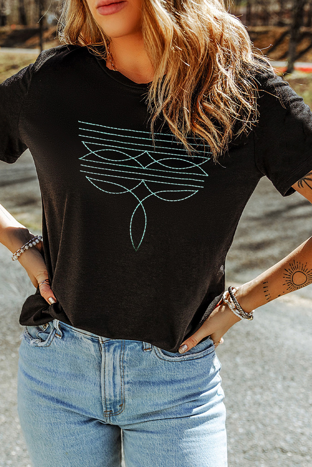 Black Western Fashion Geometric Embroidered T Shirt