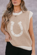 Oatmeal Woven Horseshoe Color Contrast Trim Sweater Vest