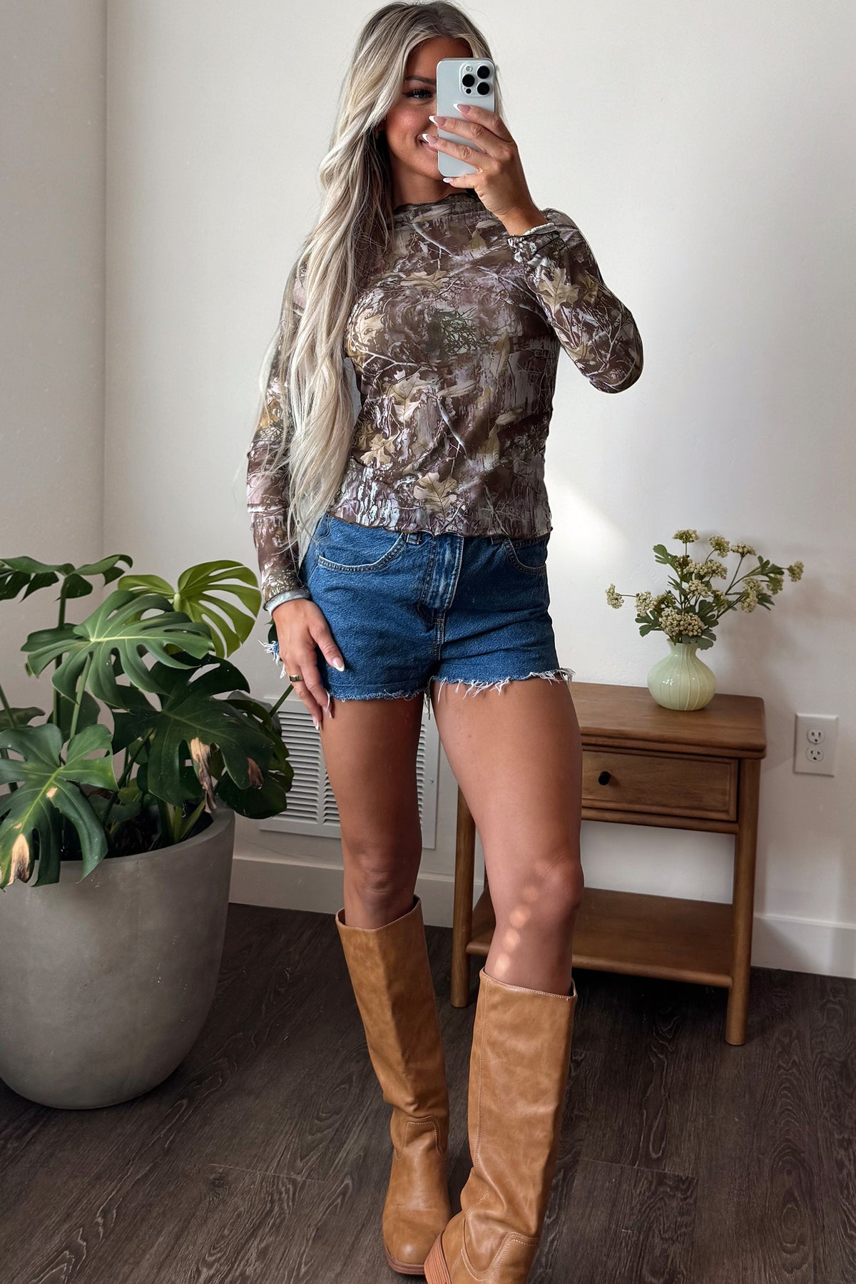 Oatmeal Western Print Slim Fit Mesh Long Sleeve Mock Neck Top