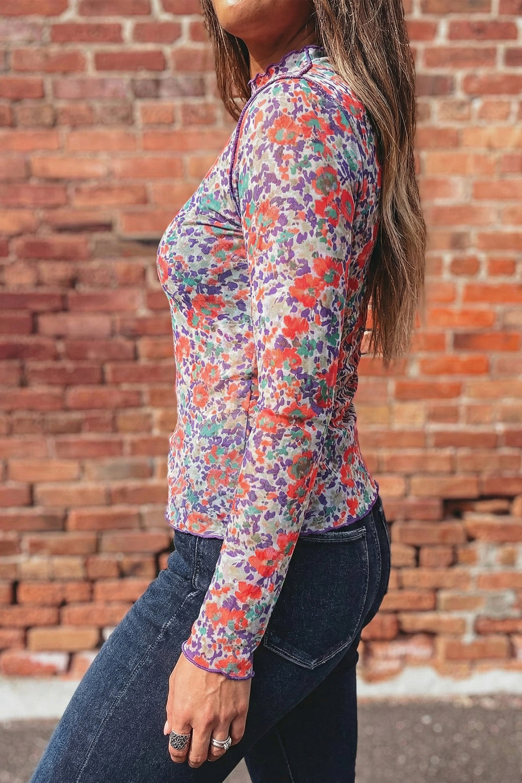 Oatmeal Western Print Slim Fit Mesh Long Sleeve Mock Neck Top