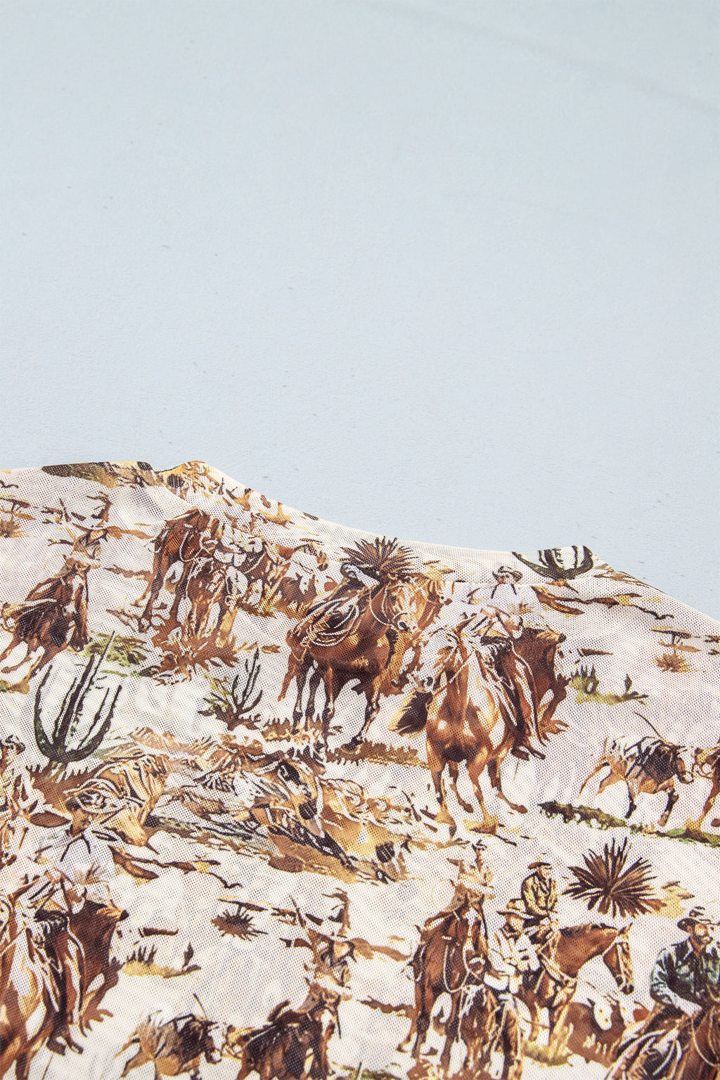 Beige Western Cowboy Floral Print Sheer Mesh Long Sleeve Top
