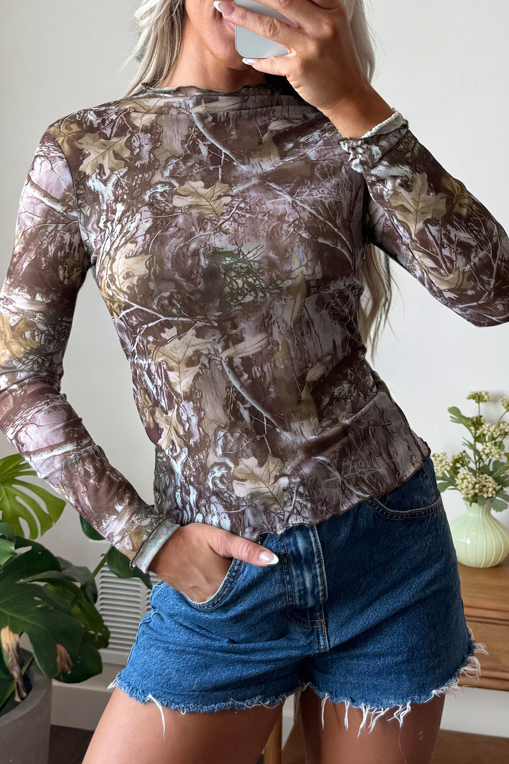 Oatmeal Western Print Slim Fit Mesh Long Sleeve Mock Neck Top