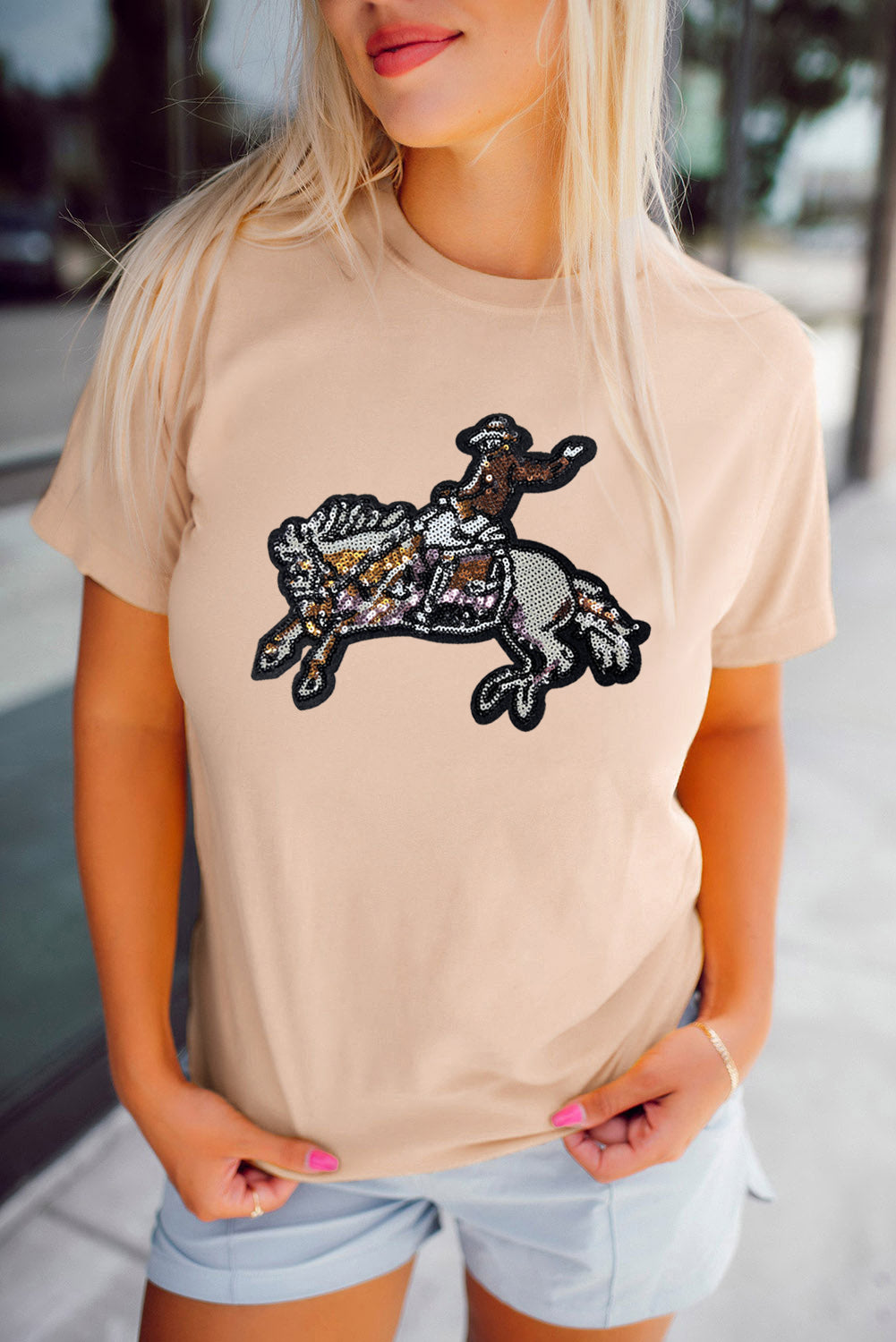 Khaki Rodeo Sequins Patch Graphic Crewneck Tee