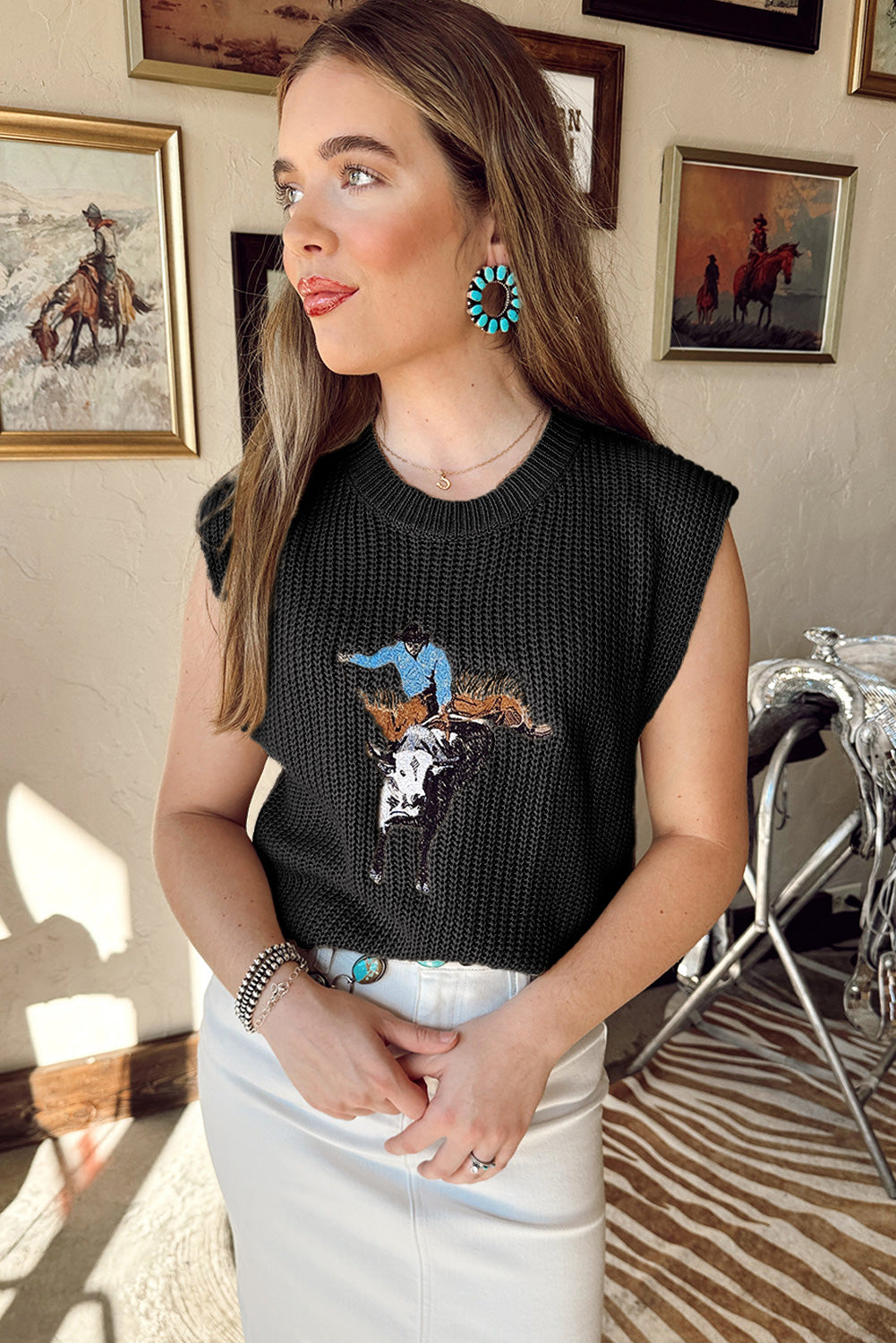 Parchment Western Cowboy Embroidery Round Neck Sleeveless Sweater
