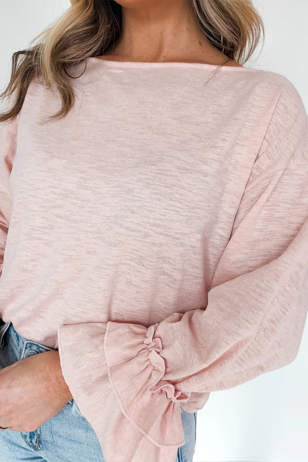 Gossamer Pink Long Sleeve Ruffle Cuff Casual Elegant Top