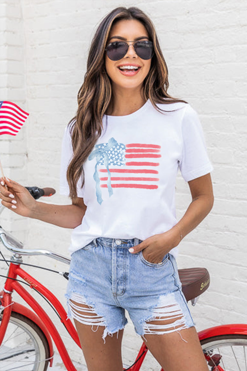 White American Flag Bow Knot Heat Transfer Printing Crew Neck T Shirt