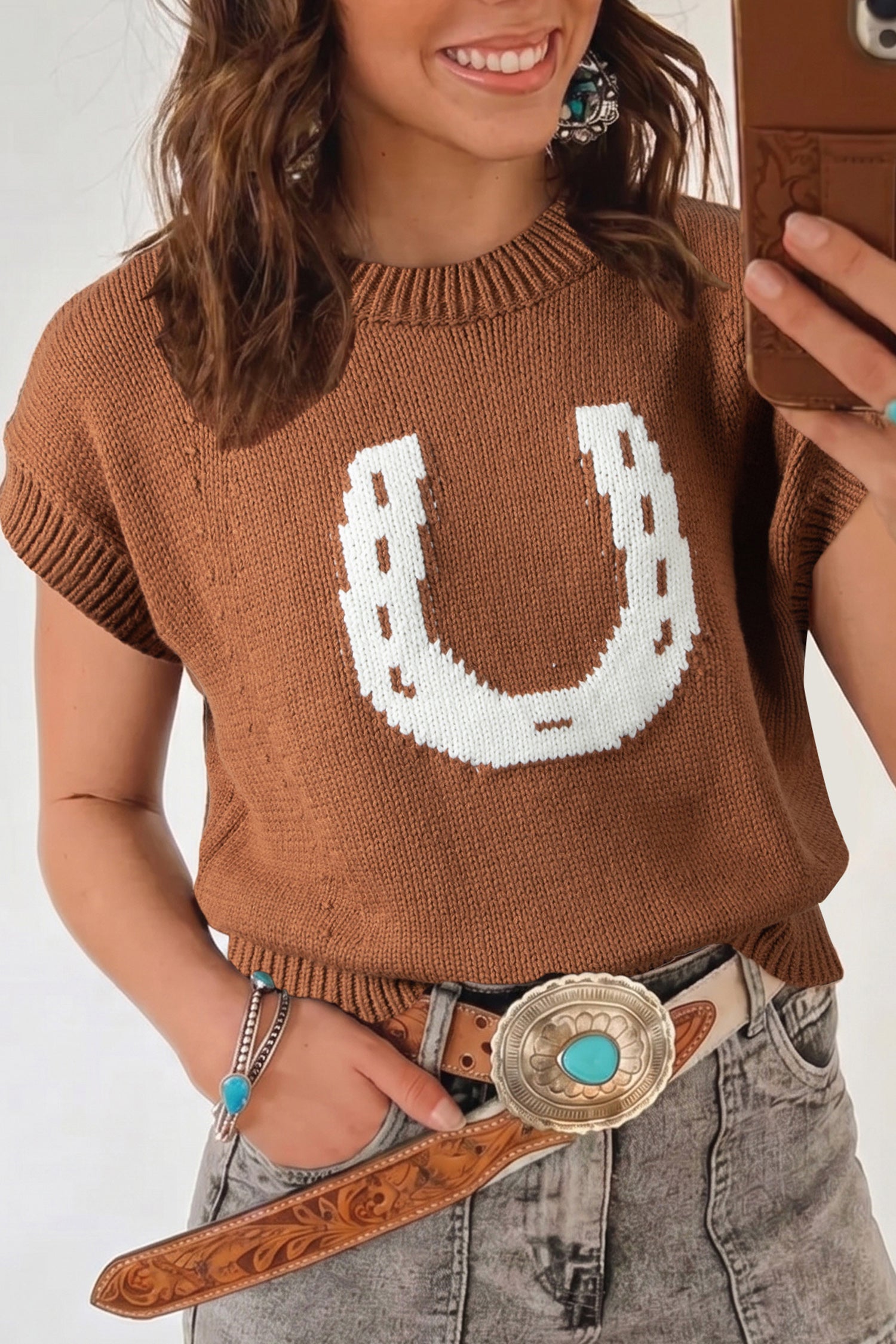 Chestnut Western Horseshoe Pattern Short Sleeve Knit Sweater