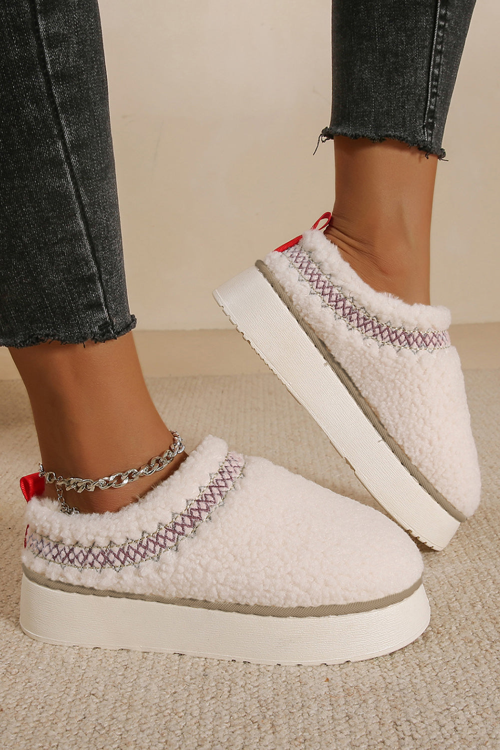 White Fleece Contrast Trim Plush Thick Sole Slippers