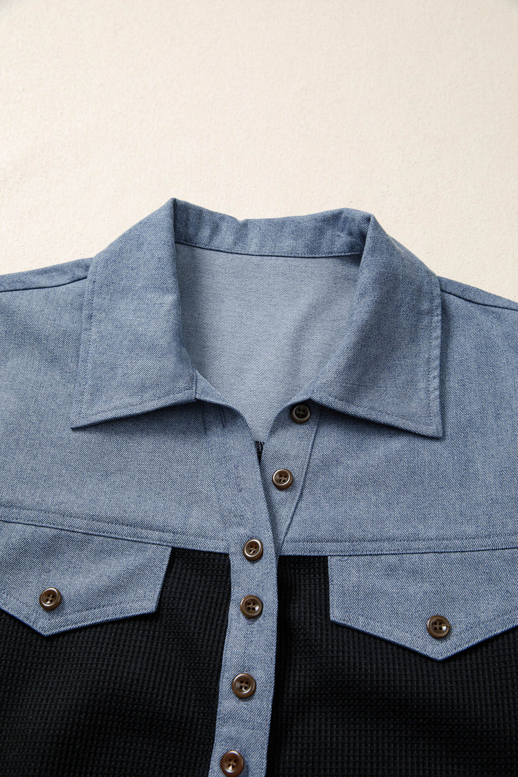 Black Waffle Knit Denim Color Block Patchwork Button Flap Polo Top