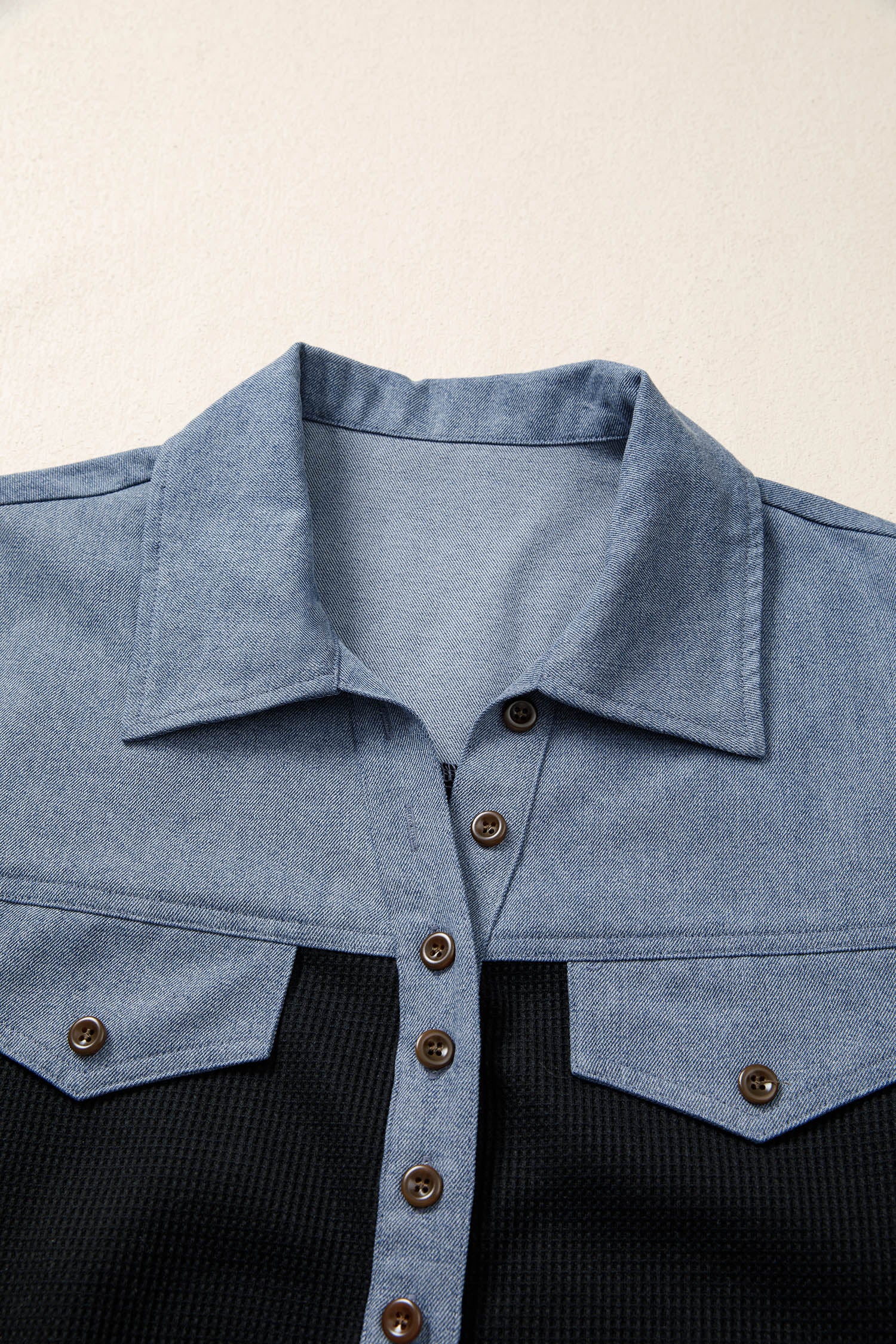 Black Waffle Knit Denim Color Block Patchwork Button Flap Polo Top