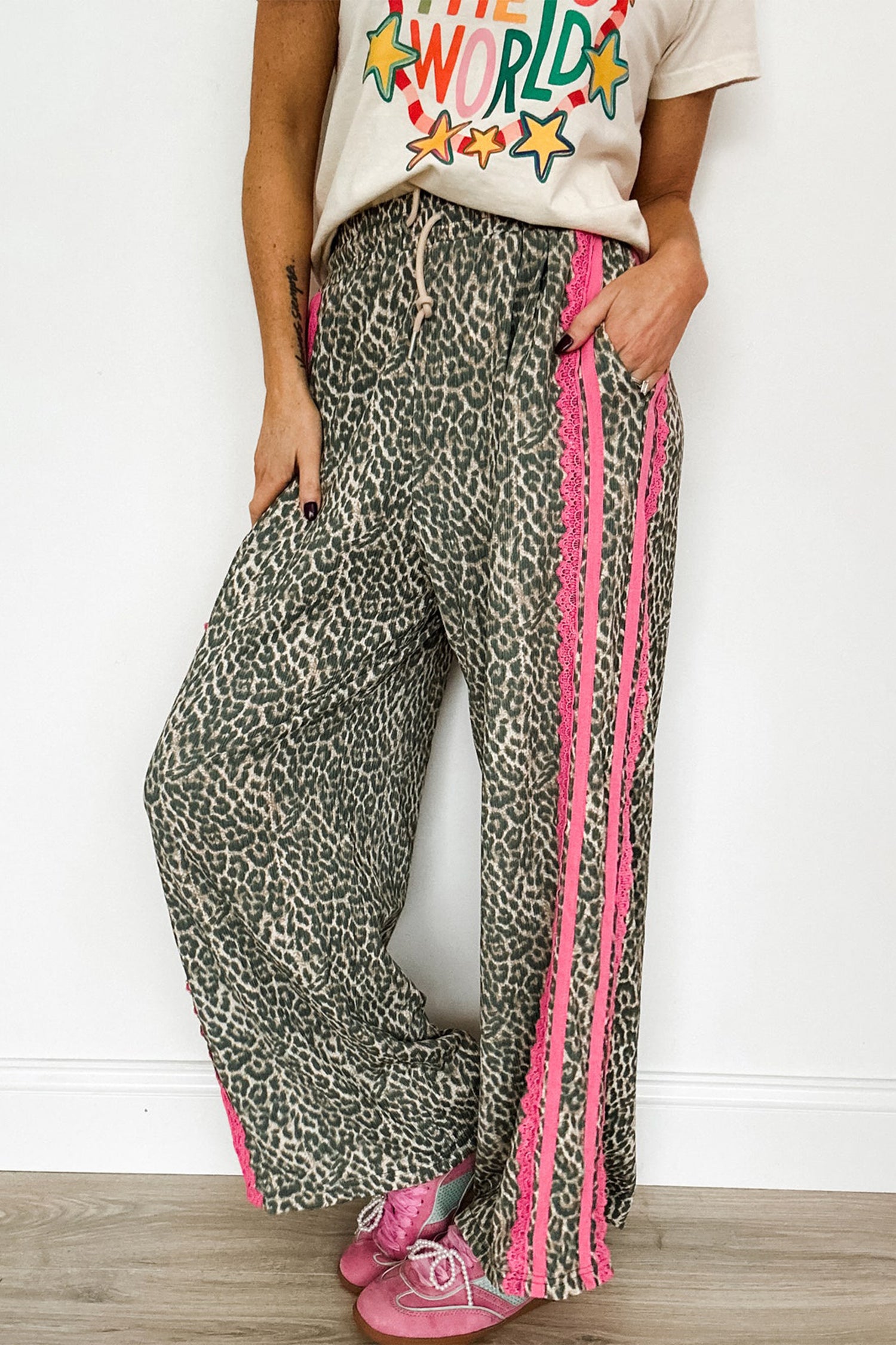 Brown Wild Leopard Print Contrast Lace Striped Detail Drawstring Pants