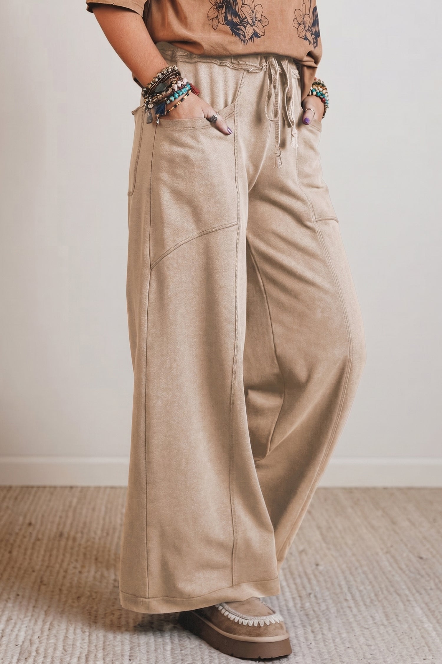 Smoke Gray Mineral Wash Drawstring Retro High Waist Wide Leg Western Pants